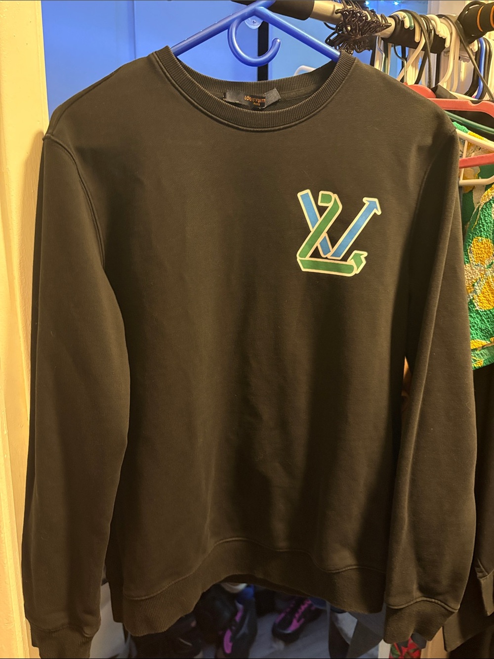 Black unisex  Crewneck Sweater with Green & Blue Logo